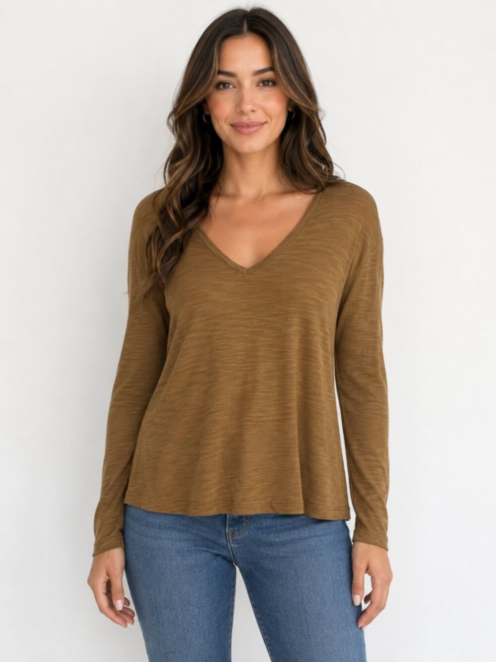 Old Navy Luxe V Neck Long Sleeve Top Size Small Brown Slub Soft Stretch Luxe Tee